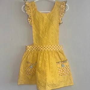 Matilda Jane Dress Pinafore Yellow Eyelet Gingham Pockets Ruffle Sleeves size 4 - Picture 1 of 7