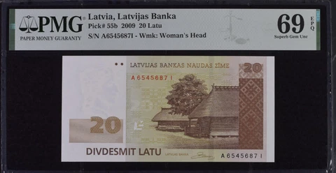 Latvia 20 Latu 2009 P 55 b Superb Gem UNC PMG 69 EPQ Top Pop Cover