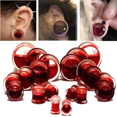 Halloween Blood Red Liquid Filled Double Saddle Ear Plugs Gauges Flesh Tunnels - Image 1 of 4