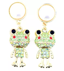 Gold tone green crystal frog dangle earrings - Picture 1 of 3