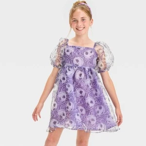 Girls' Jack Skellington Short Puff Sleeve Dress - Purple Large - Picture 1 of 6