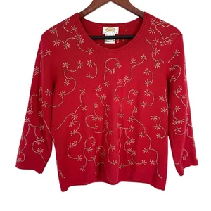 Talbots Petites Medium PM Embroidered Sweater Blouse Shirt Top Floral Knit Artsy - Picture 1 of 6