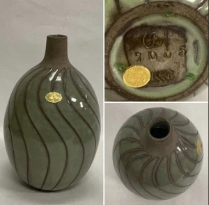 Vaso Upsala Ekeby Svezia firmato ceramica Pottery Swirl. Smalto nei toni verdognoli - Foto 1 di 14