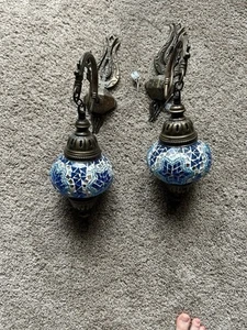 Blue & White Moroccan Mosaic Wall Sconces – Set of 2 –Handmade, Unique Lighting - Picture 1 of 5