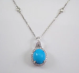Collar colgante de oro blanco de 14K con halo de diamantes y turquesa cadena joyería - Imagen 1 de 8