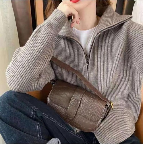 OFF WHITE Maglione donna coreano retrò con cerniera cappotto a maglia sciarpa sciolto casual manica lunga