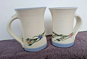 Handmade Pottery 8 Oz Coffee Mugs Tea Cups 4.25" Signed Floral Thumb Tabs XLNT - Picture 1 of 4