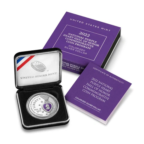 2022 W US Purple Heart Colorized Commemorative Proof Silver Dollar in OGP Cover