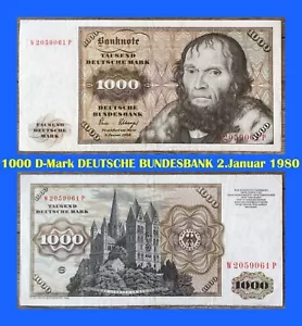 Ⓜ️ 1000 Deutsche Mark ☘️ 2.Januar 1980 DM 💥 Schein Bundesbank 🍄 W 2059061 P 🌐 - Bild 1 von 4