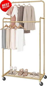 Double Rod Garment Rack Heavy Duty Rolling Clothes Organizer with Wheels Gold - Picture 1 of 12