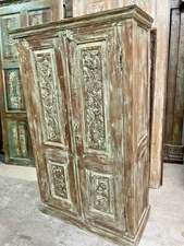 Rustic Carved Armoire Blue Hues Vintage Cabinet Storage Eclectic Farmhouse Decor