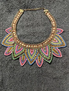 Vintage Beaded Choker Collar Necklace Felt Back Multicolored - Picture 1 of 6
