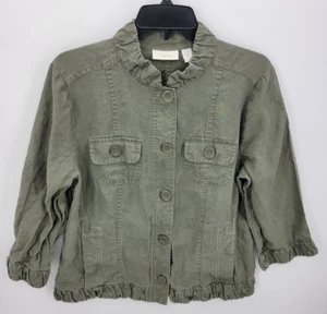 Chicos Jacket Womens Large 2 Green Linen Ruffle Neck Safari Pockets Button Up - Picture 1 of 9