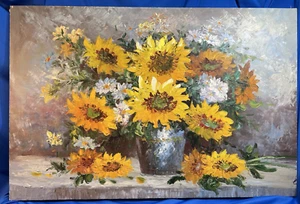 Dipinto olio impasto impressionista 24"x36" usato in ottime condizioni girasoli gialli su barella - Foto 1 di 12