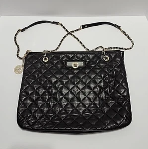 Borsa a mano DKNY 100% vera pelle trapuntata manico catena chiusura zip nera - Foto 1 di 18