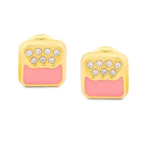 18k Yellow Gold Pink Enamel and CZ Stud Earrings with Screw-Backs - New - Picture 1 of 3
