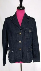 Talbots Denim Jacket Size 12 Women Dark Blue Stretch Shawl Collar Pockets Button - Picture 1 of 5