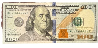 100 Dollar Bill With Rare Serial Number ML 41444444 F - Image 1 of 2