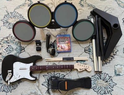 PS4 PS5 Rock Band 4 Bundle Fender Sratocaster Guitar Wired Drums Mic Playstation - Image 1 of 4