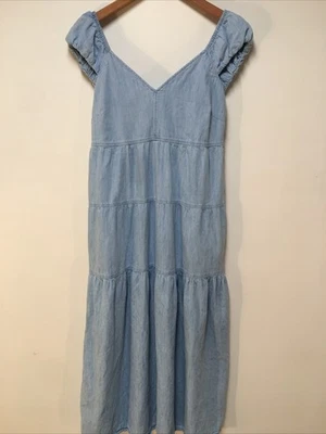 Vestido M Azul Marino Antiguo para Mujer Azul Denim Volantes Nivel Largo Algodón Boho Bolsillos Occidentales Foto 1 de 4