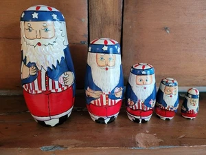"Muñecas patrióticas de anidación del Tío Sam 5 piezas de madera pintadas a mano de colección de 5,5"" Santa" - Imagen 1 de 3