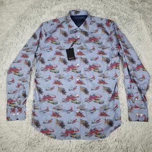 NEW Bugatchi Shirt Mens Large Blue Car Beach Print Long Sleeve Button Up Stretch - Picture 1 of 7