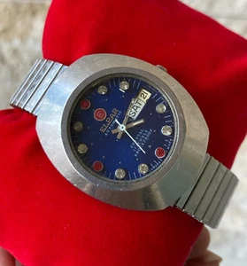 VINTAGE ELPAR AUTOMATIC WATCH BLUE CRYSTALS 17 J RARE GEM 38MM GENTS 1970'S MENS - Picture 1 of 23