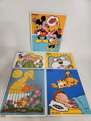 VTG Lot of 5 Playskool Wooden Puzzles SESAME STREET Big Bird Mickey Garfield  - Image 1 of 4