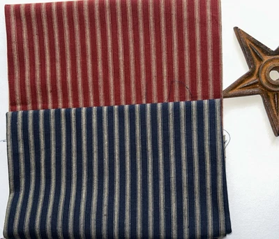 1/2 ярда каждая синяя/коричневая и темно-красная/коричневая тикающая полоса домотканая ткань 100% хлопок - Изображение 1 из 2