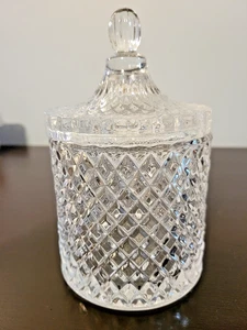 Vintage Diamond Cut Design Glass Bathroom Cotton Ball & Swab Container with Lid - Picture 1 of 6