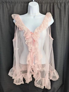 Vintage rosa Chiffon Peignoir durchsichtig Morgenmantel Rüschensaum groß - Bild 1 von 7