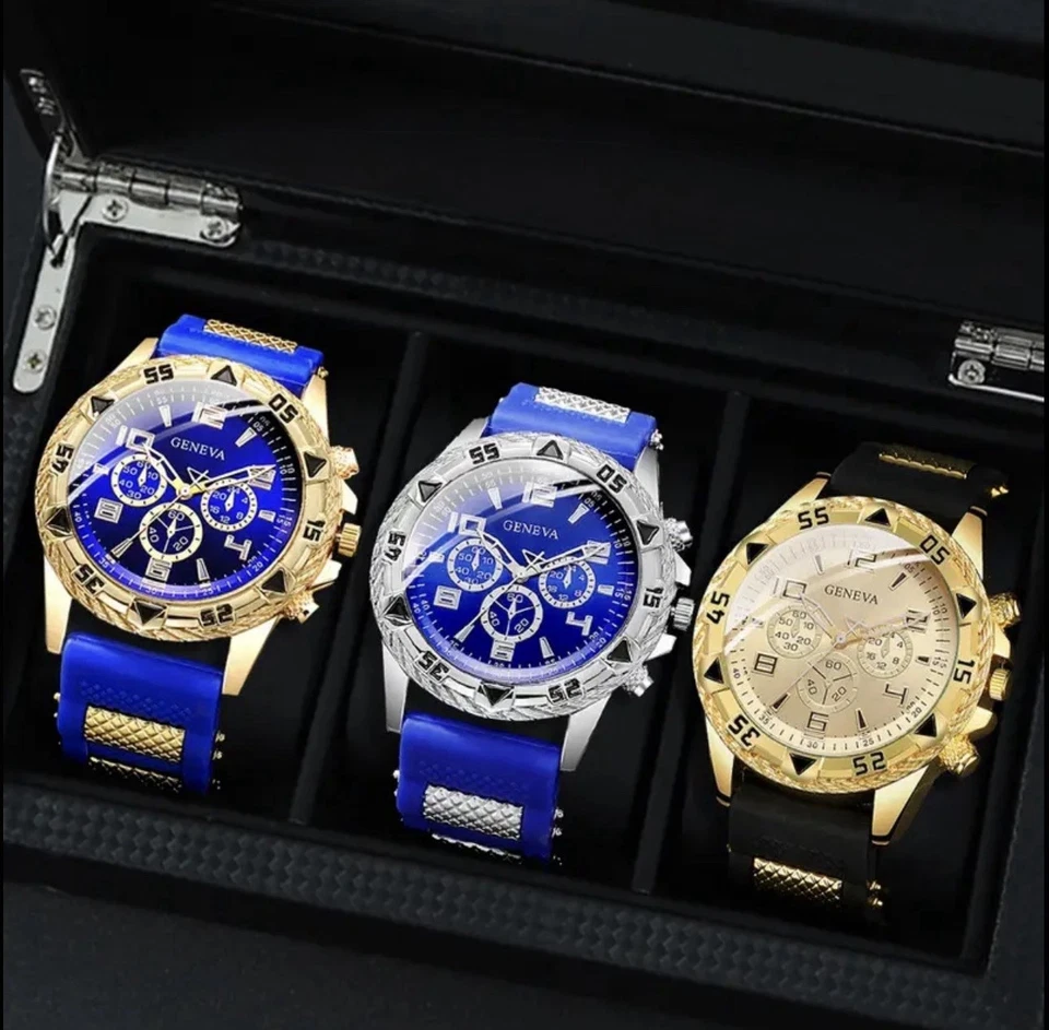 3 Piece Mens Watch Set Geneva Luxury Silicone Strap Gift Gold Black Silver Blue - Image 1 of 4