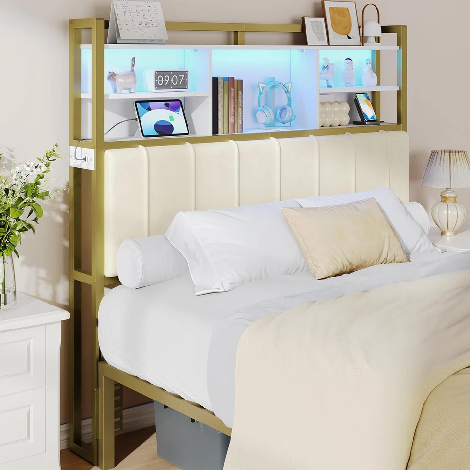 Изголовье с 3-уровневыми полками для хранения, бархатная обивка изголовья с 2 наружными отверстиями - Изображение 1 из 4