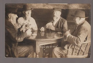 rppc c1910 PLAYING CARDS Old Men GAMBLING Ace of Clubs Card BOYS WILL BE BOYS - Picture 1 of 4