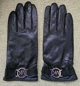 Michael Kors Women's Black Leather Gloves with MK Logo Buckle - Picture 1 of 6