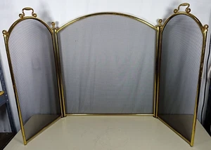 Vintage Shiny Brass Folding Fireplace Screen w/Black Mesh 3 Panels 30.5" Tall - Picture 1 of 5