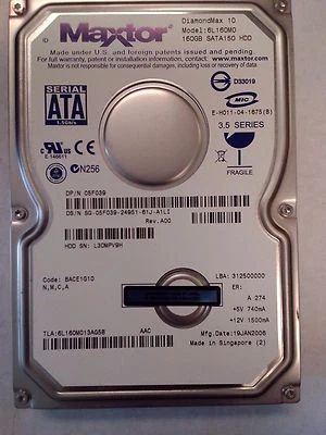 Maxtor 160GB 7200 RPM 3.5" SATA Hard Drive 05F039 5F039 - Image 1 of 2