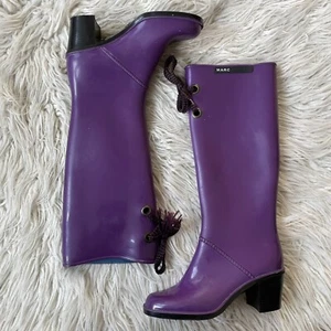 Marc Jacobs Purple Lace Up High Heeled Knee High Rubber Rain Boots Size 36 - Picture 1 of 12