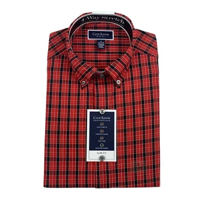 Club Room Mens Slim Fit 4-Way Stretch Plaid Dress Shirt Red Black 14-14.5 - Image 1 of 3