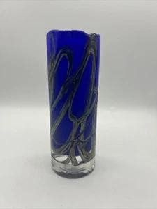 Vaso cilindro vetro vintage magico cobalto blu argento vortice 8" vetro arte rappresentante ceco - Foto 1 di 12