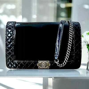 CHANEL Auth WOC Boy Reverso Lambskin Black Patent Leather Crossbody Bag Chain - Picture 1 of 21