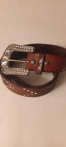 Miss Me Belt Women Genuine Full Grain Leather Crystal Studded Sz Med 34" Brown - Picture 1 of 12