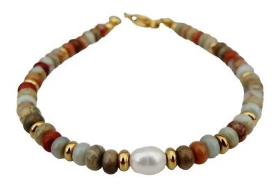 zartes Armband Edelstein Aqua Terra Jaspis Süsswasserperle 24k vergoldet 040a - Bild 1 von 4