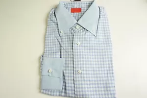 Isaia Misto Lino Blu Bianco Plaid Colletto Contrasto Camicia Taglie 40 Nuovo - Foto 1 di 6