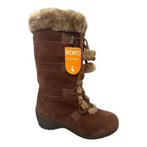 Sporto Megan Waterproof Suede Leather Boots Lace up Pom-Pom Faux Fur Brown 10M - Picture 1 of 9