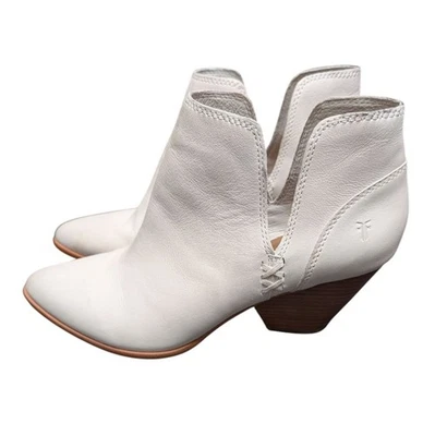 Frye Reina White Leather Pointed Toe Western Block Stack Heel Ankle Booties 9.5M - Image 1 of 4