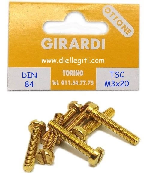 VITE A METALLO IN OTTONE TESTA CILINDRICA M3x20 - DIN 84 - UNI 6107 - Immagine 1 di 1