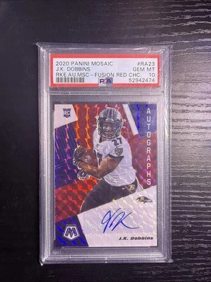 2020 Panini Mosaic Rookie Autographs • PSA 10 J.K. Dobbins  • Choice Fusion Red - Image 1 of 2