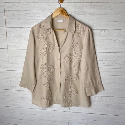 Blusa Charter Club para mujer talla grande beige diseño floral elevado 100 % lino Foto 1 de 4