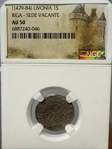 NGC Livonia (Latvia) 1479-1484 Silver Schilling Riga Mint AU50 RARE SEDE VACANTE - Picture 1 of 3